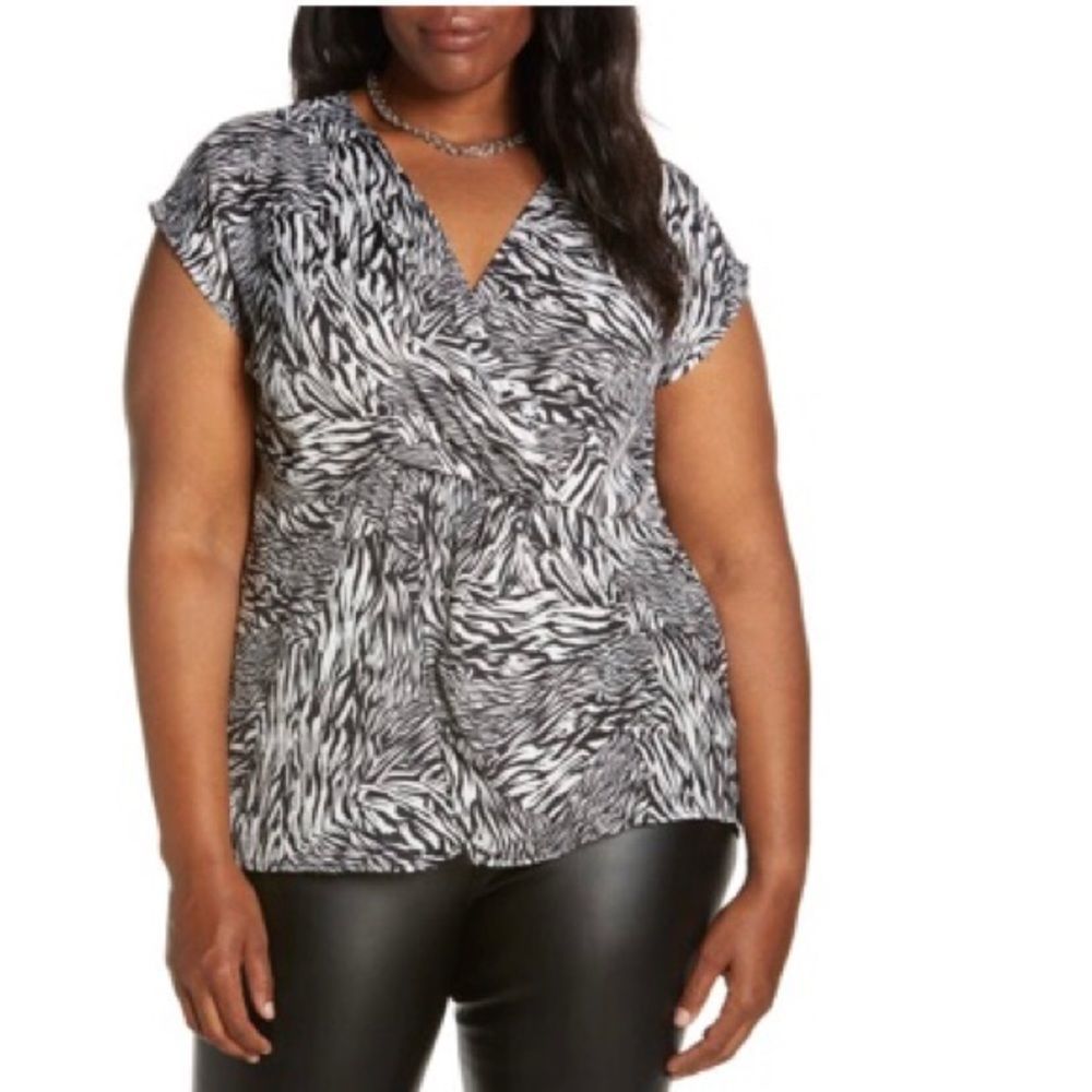 Halogen Print Top Animal Print Blouse Plus Size 3X Women V Neck Preppy